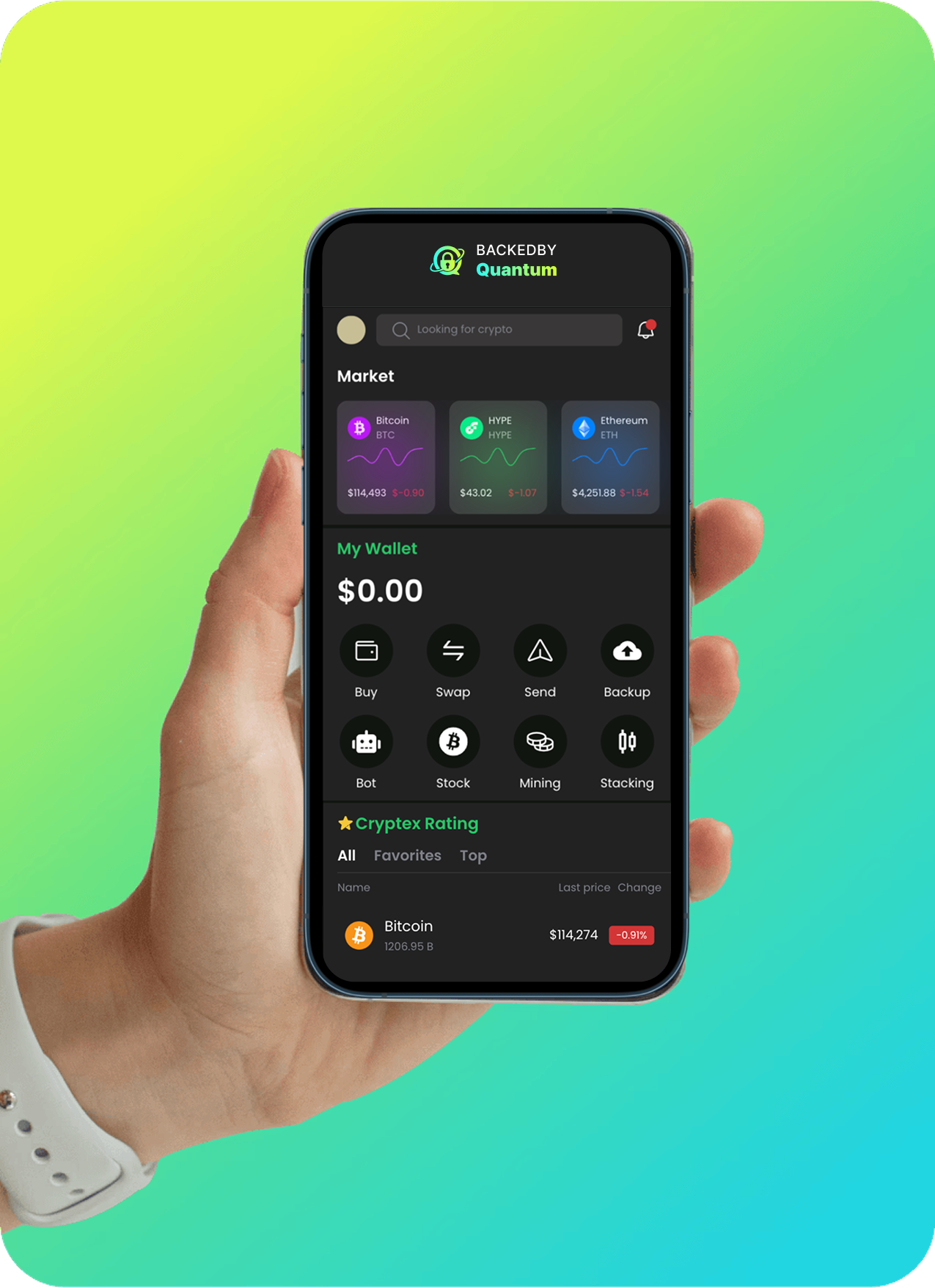 Person holding a phone displaying BackedByQuantum app registration screen